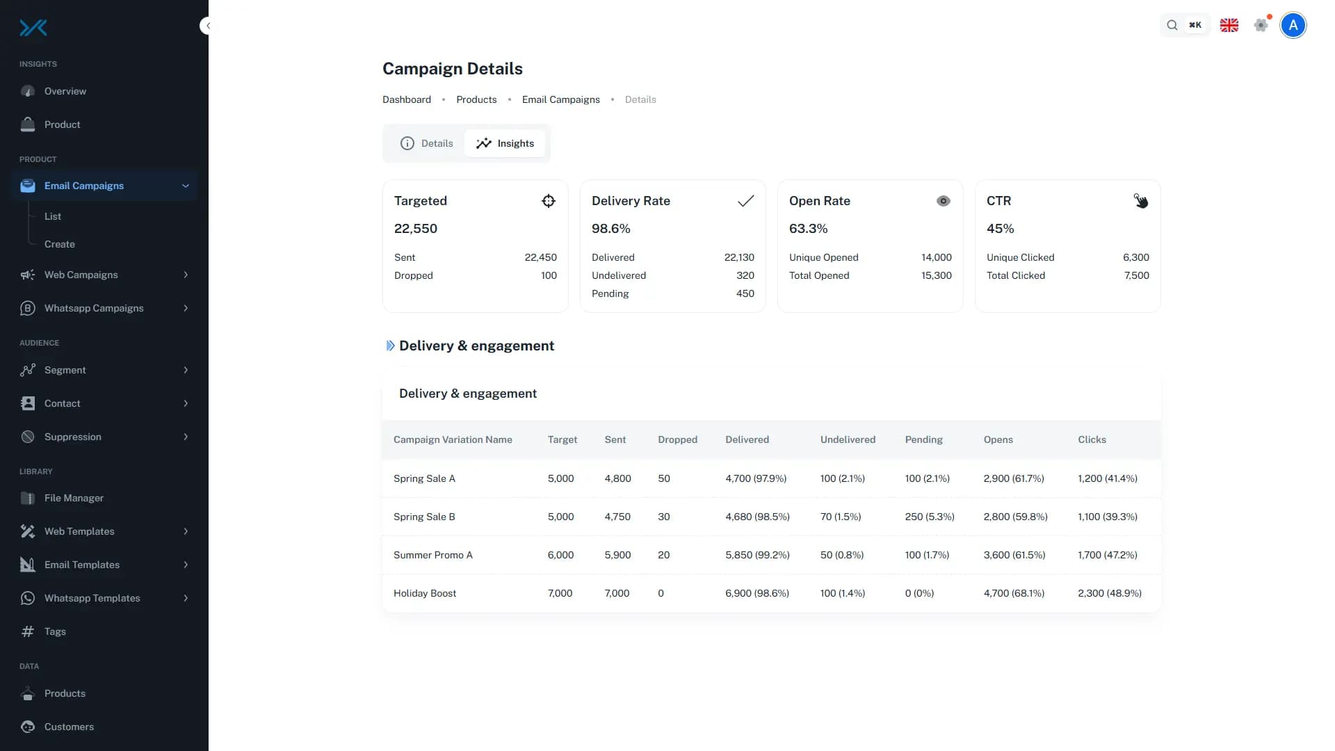 InsightX email campaign details view with delivery rate, open rate, and click-through reporting.