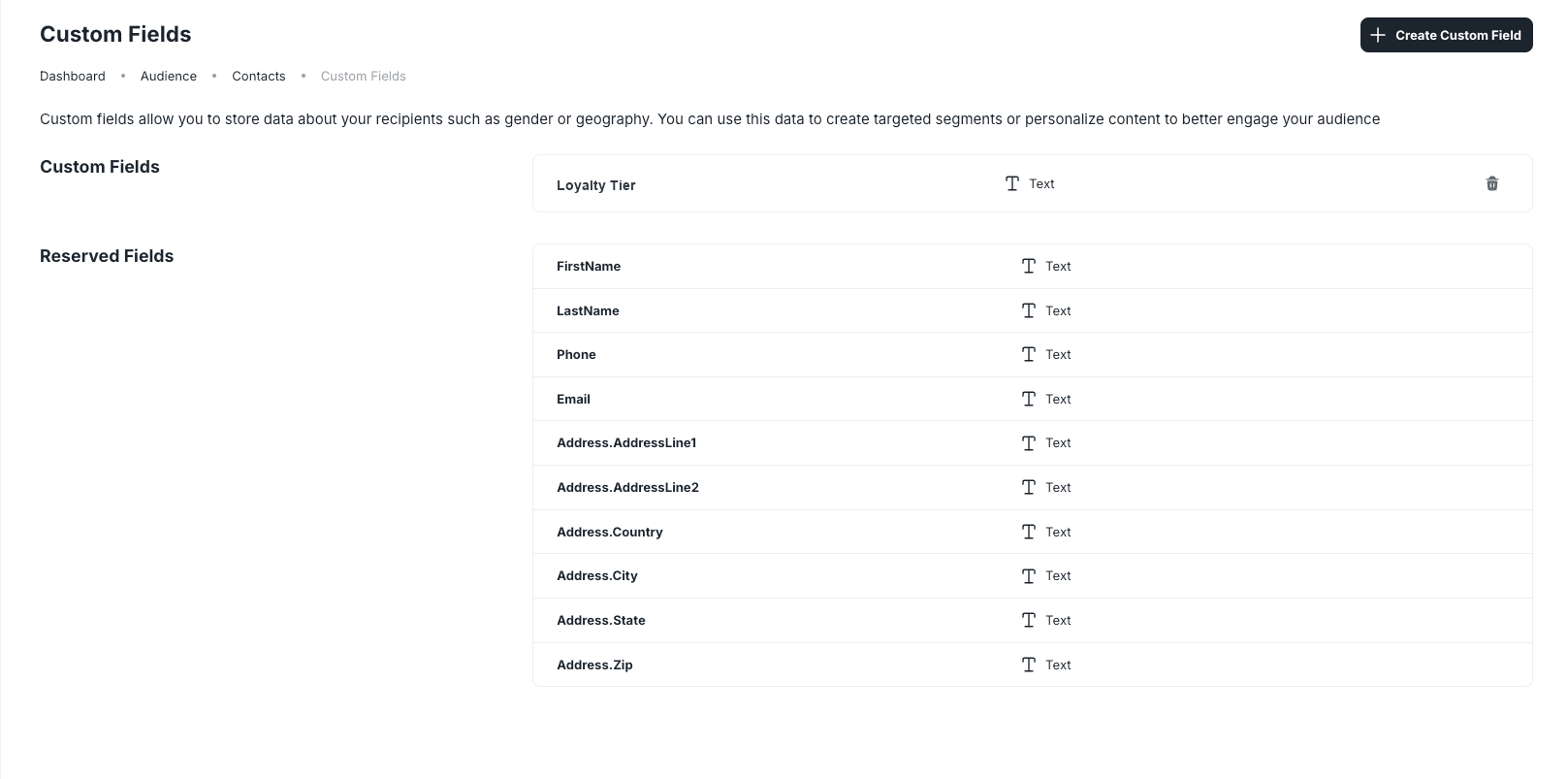 Custom Fields page with a fictional Loyalty Tier field and reserved contact fields