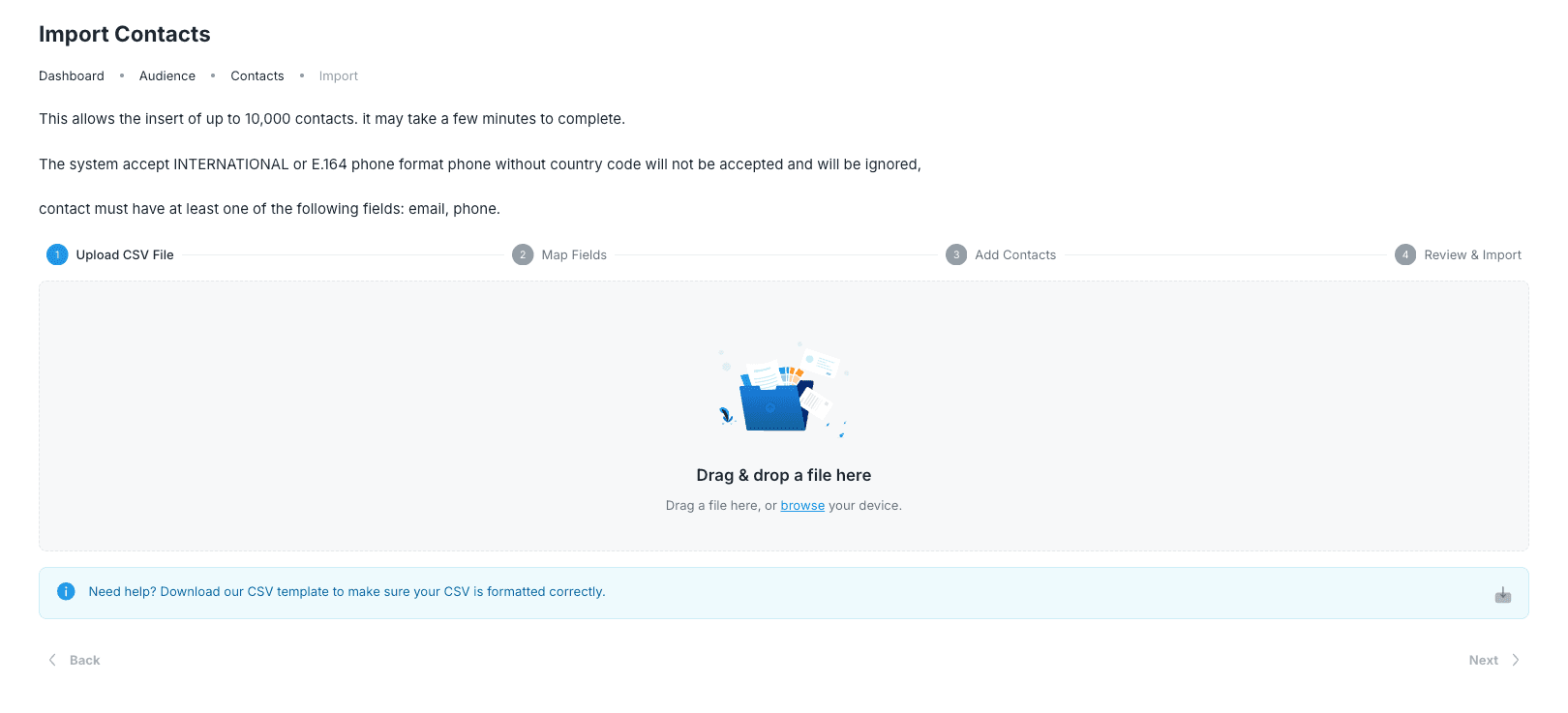 Import Contacts CSV upload step with the four-step import progress indicator