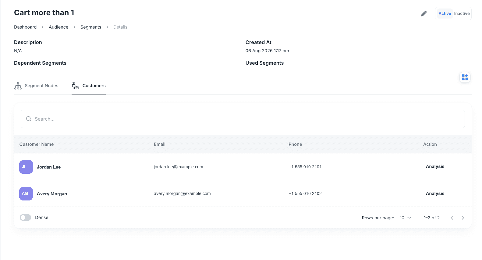 Segment Customers tab with fictional matching customer profiles