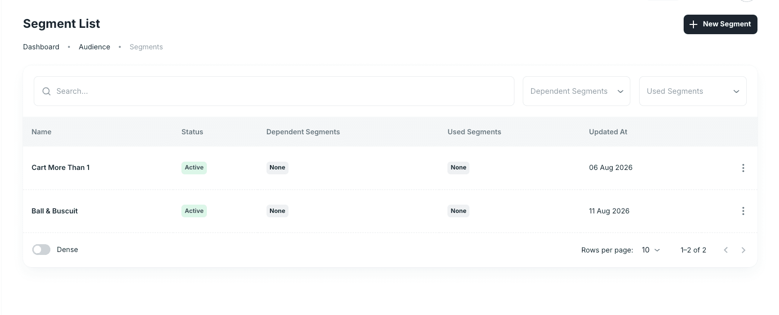 Segment List with active segments, dependency information, and usage information