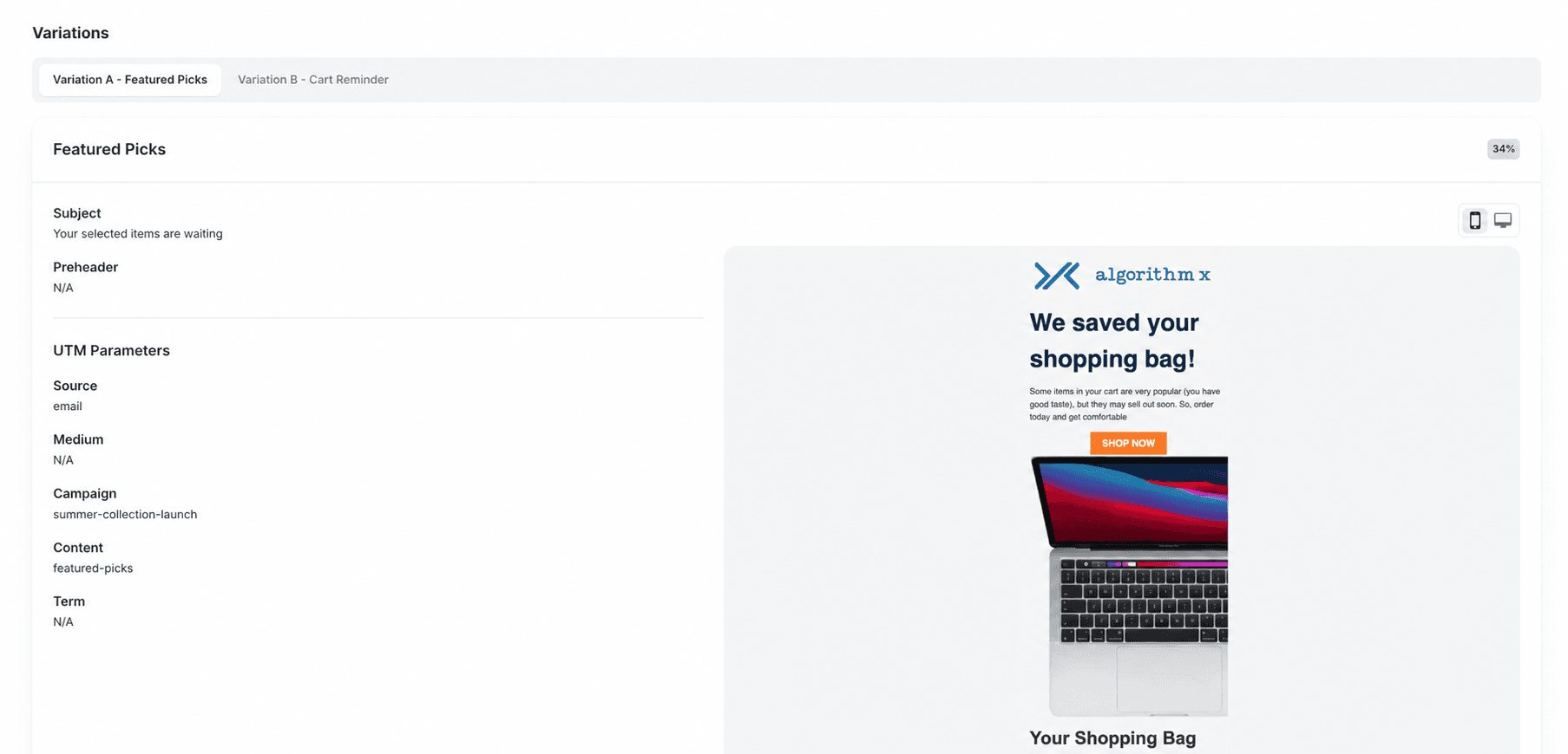 Featured Picks email variation with preview and UTM parameters