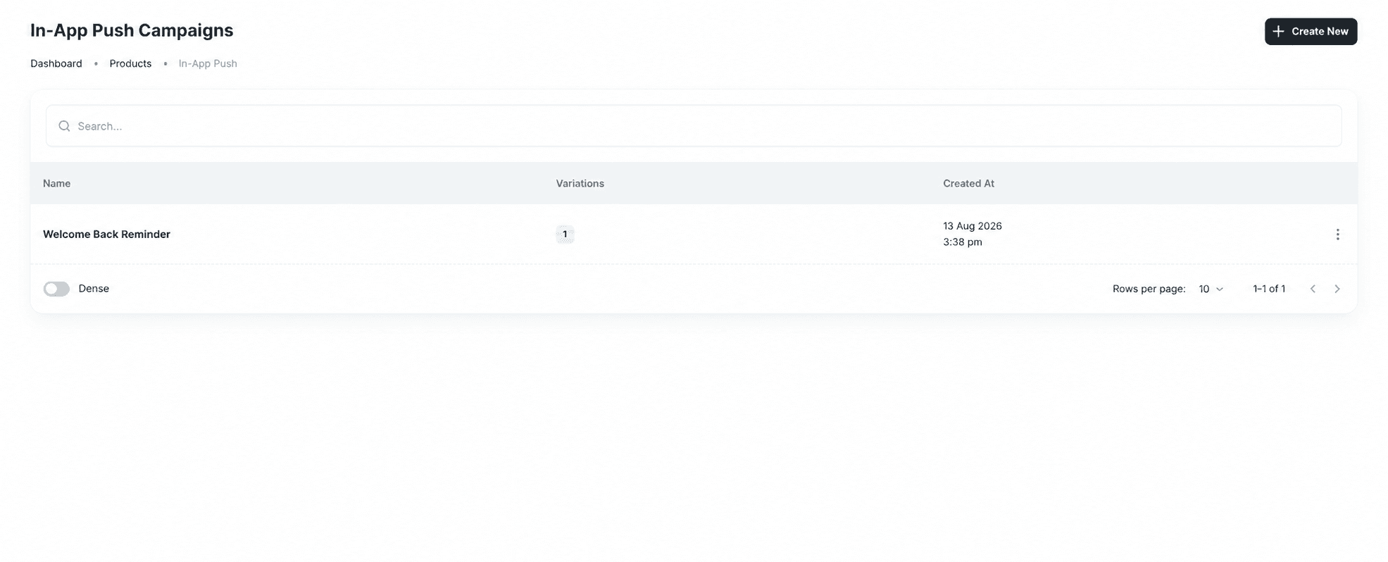 In-App Push Campaigns list with a fictional Welcome Back Reminder campaign