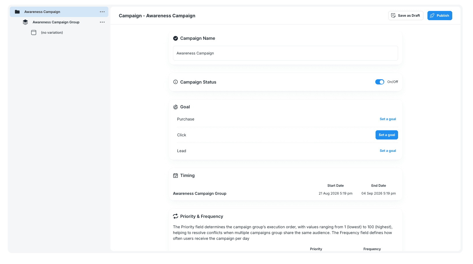 Web campaign editor with campaign name, status, goal, timing, and priority settings