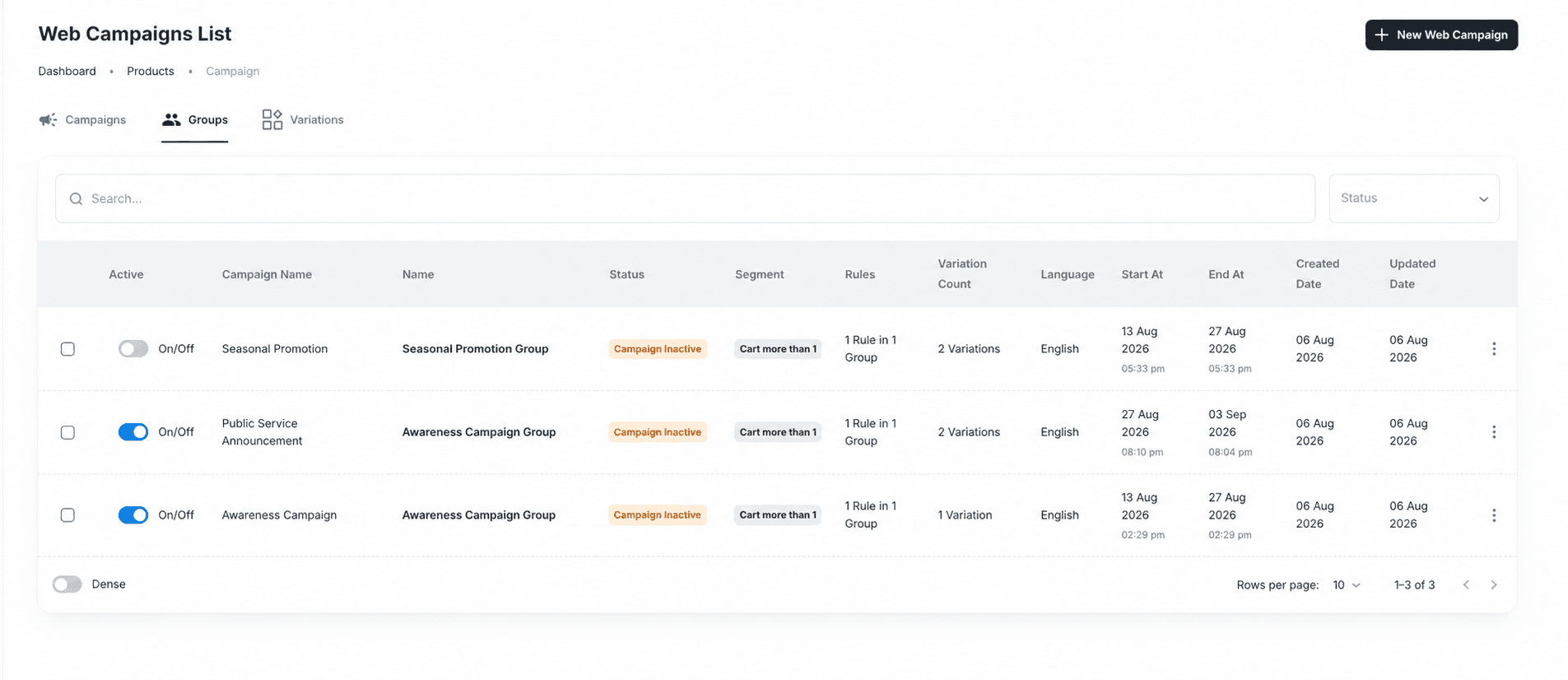 Web campaign groups list with segment, timing, rules, and variation settings