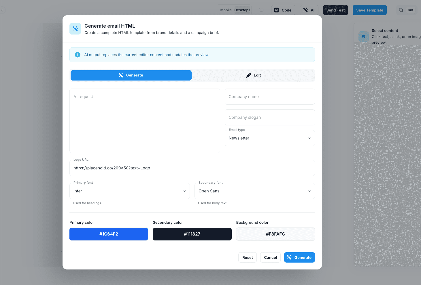 Generate email HTML AI dialog with brand details and campaign brief fields