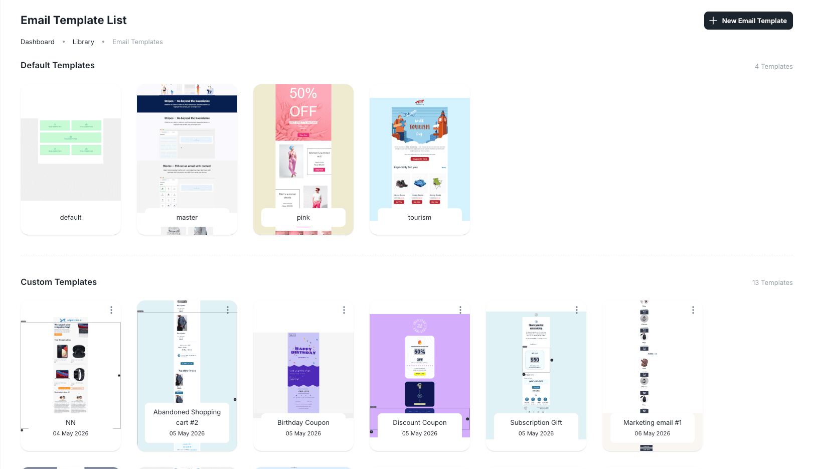 Email Template List with Default Templates and Custom Templates