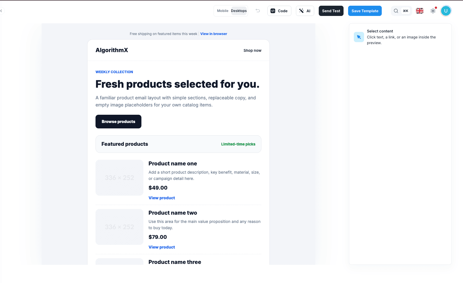 Email Design Editor with a completed product email preview