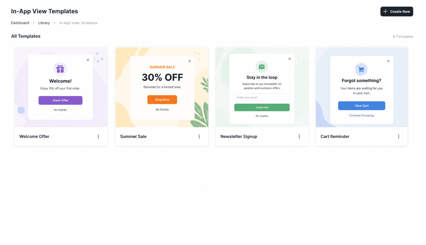 In-App View Templates library page with a Create New button