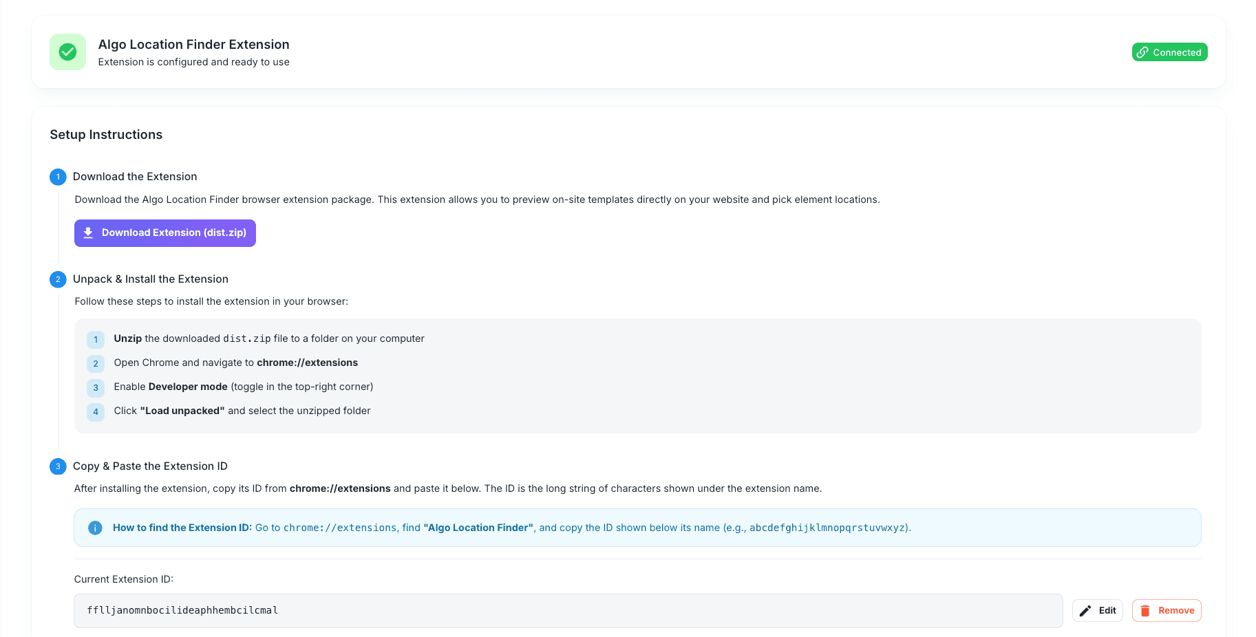 Algo Location Finder extension settings after successful connection