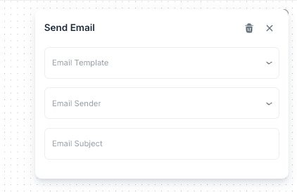 Send Email action settings with template, sender, and subject fields