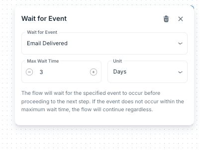 Wait for Event settings with event selector, maximum wait time, and unit