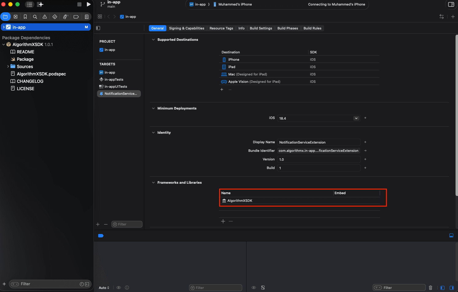 Xcode showing the separate Notification Service Extension target and its Frameworks and Libraries section