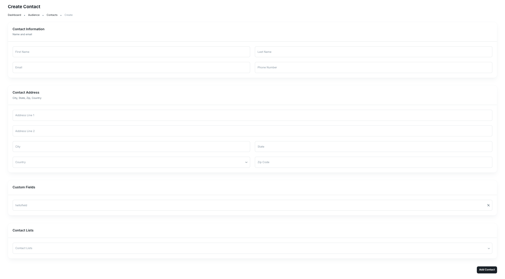 Create Contact form with contact information, address, custom fields, and contact lists
