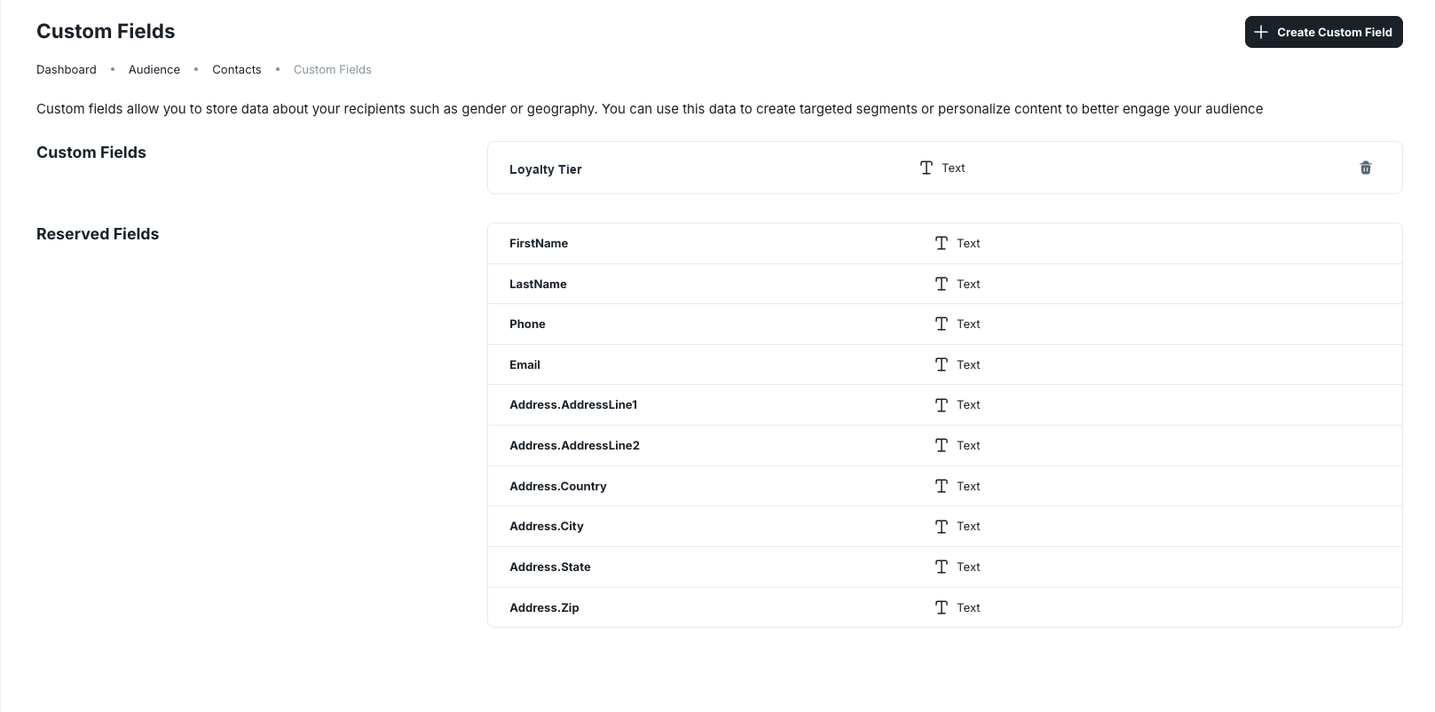 Custom Fields page with a fictional Loyalty Tier field and reserved contact fields