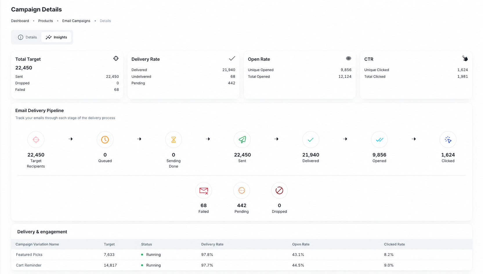Email campaign Insights page with fictional delivery and engagement metrics