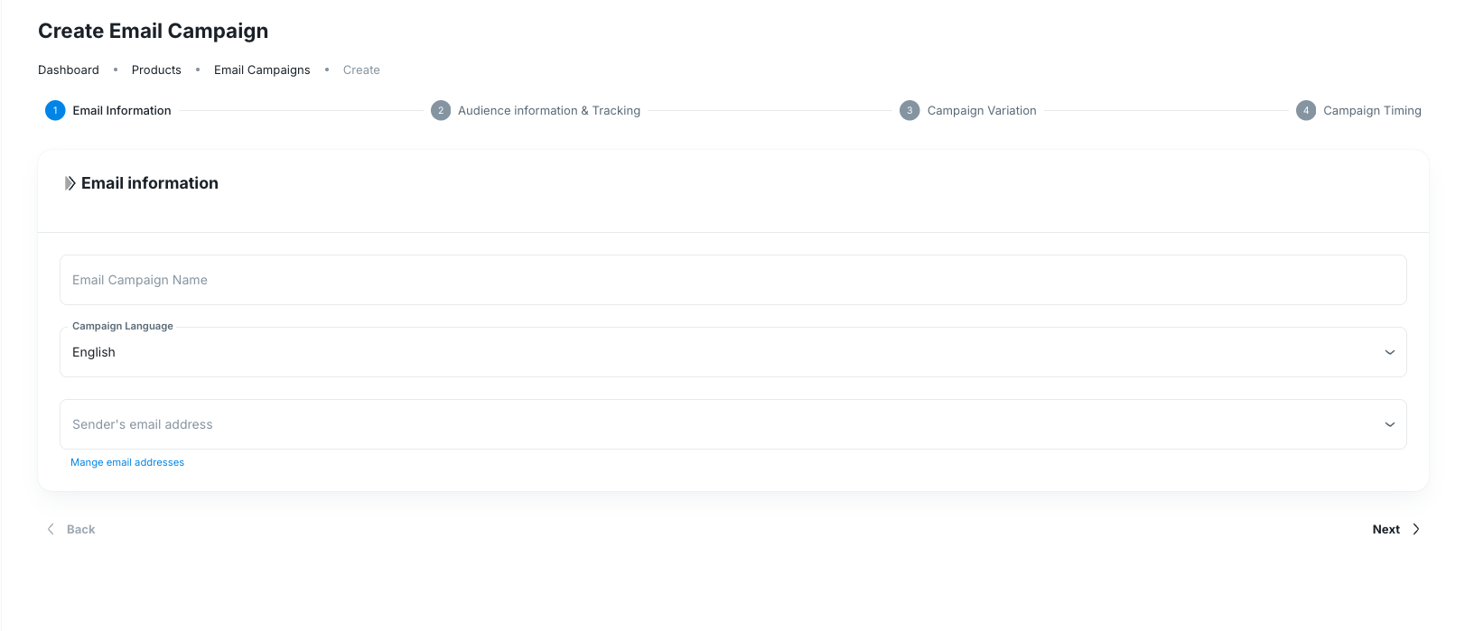 First step of the Create Email Campaign flow