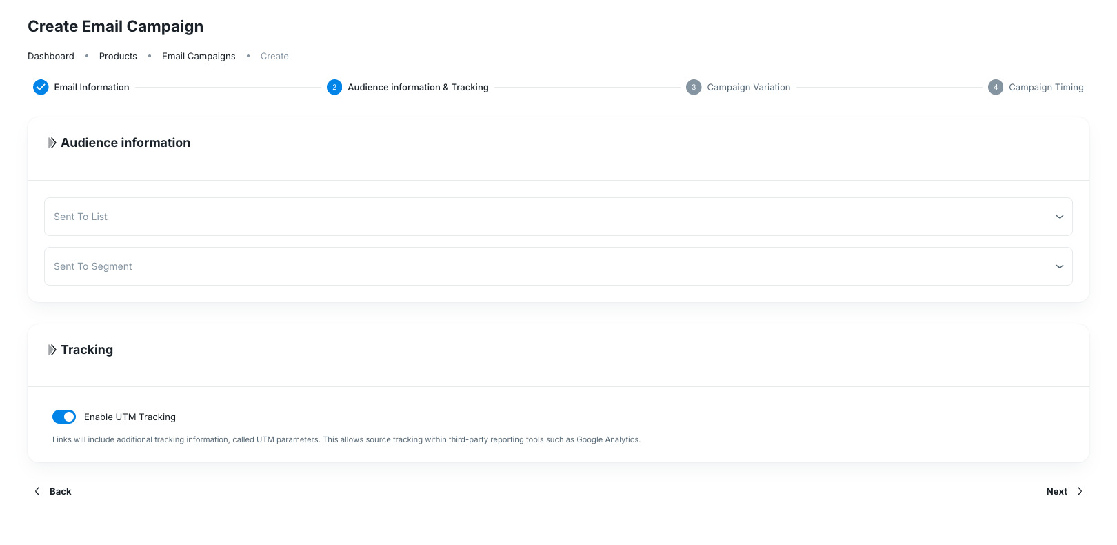 Audience and tracking step of the Email Campaign creation flow
