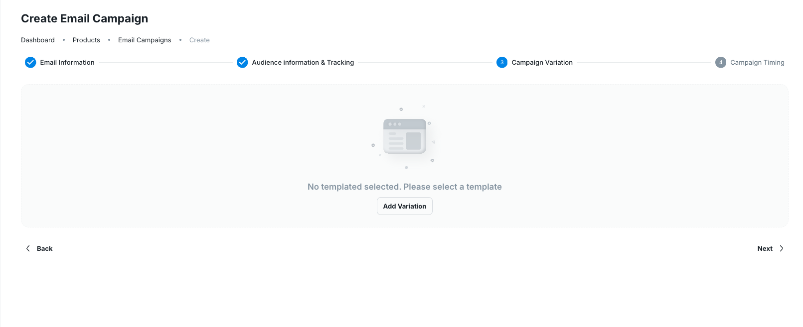 Campaign Variation step with the Add Variation button
