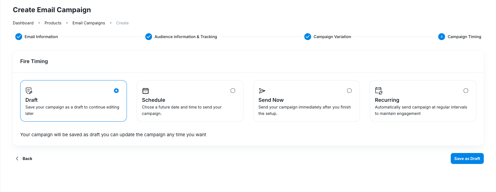 Campaign Timing step with Draft, Schedule, Send Now, and Recurring options