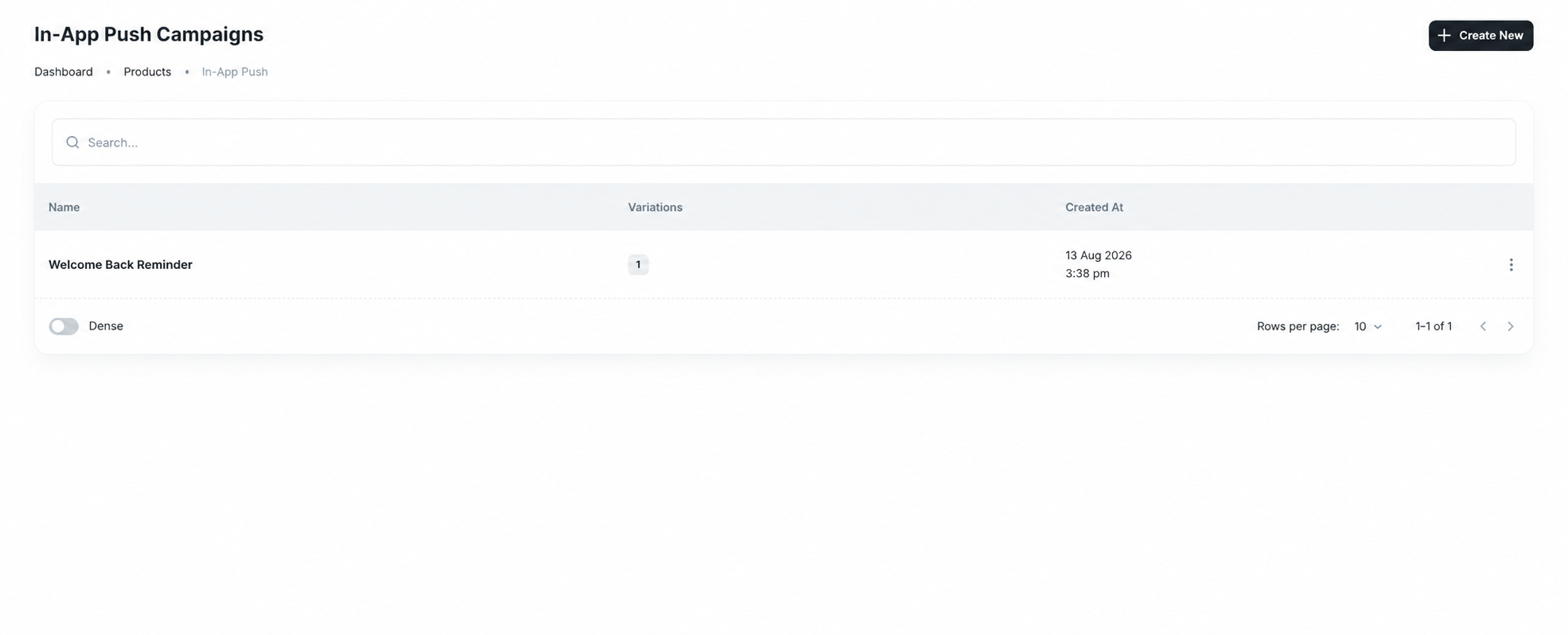 In-App Push Campaigns list with a fictional Welcome Back Reminder campaign