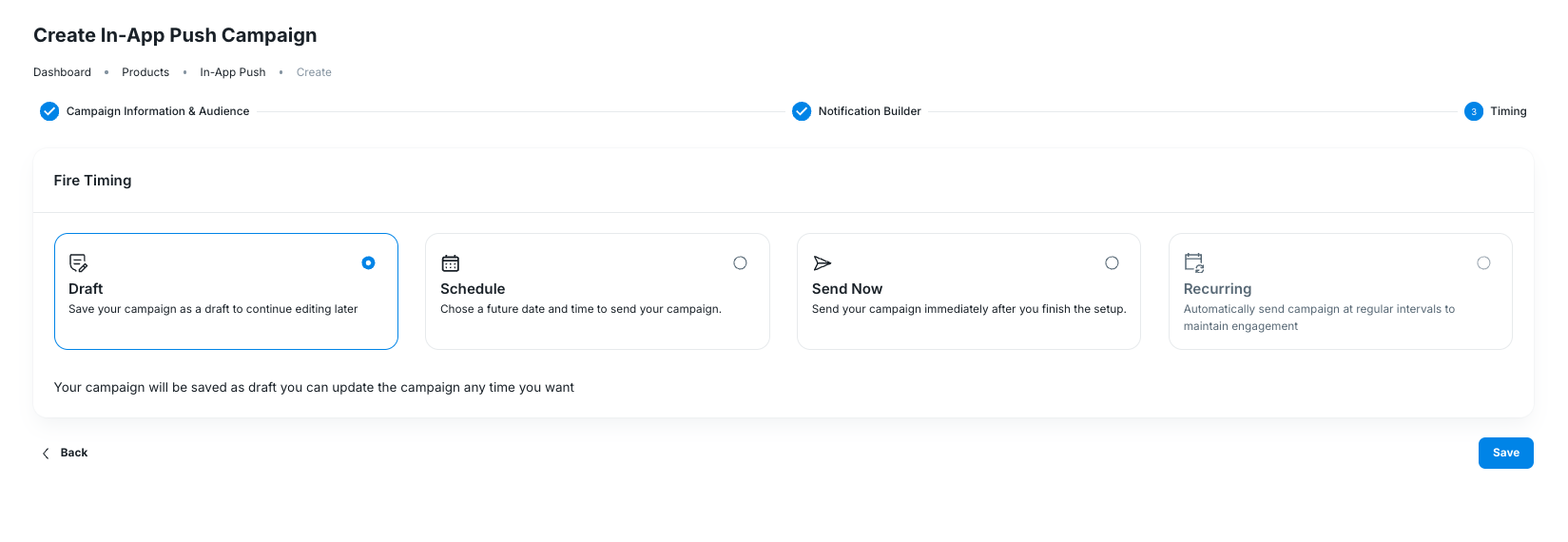 In-App Push Campaign timing options
