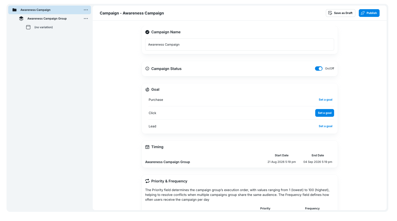 Web campaign editor with campaign name, status, goal, timing, and priority settings