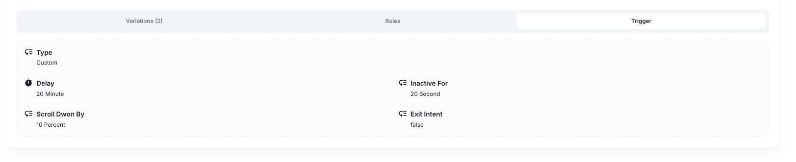 Campaign group trigger tab with delay, inactivity, scroll, and exit intent settings