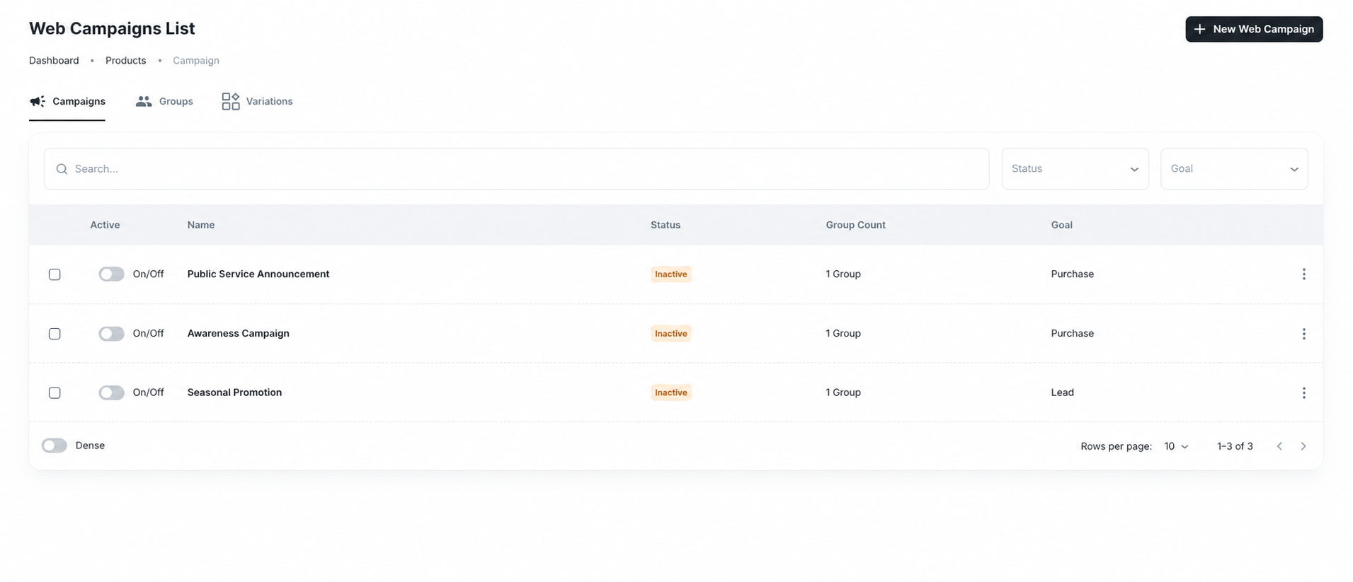 Web Campaigns list with campaign statuses, groups, and goals