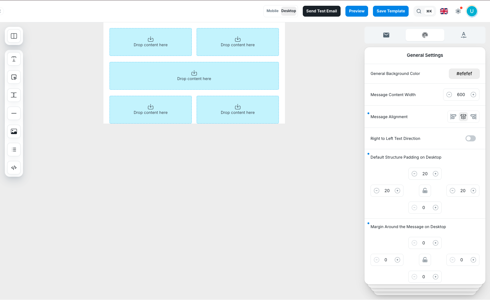 Blank Email Design Editor canvas with content blocks and general settings