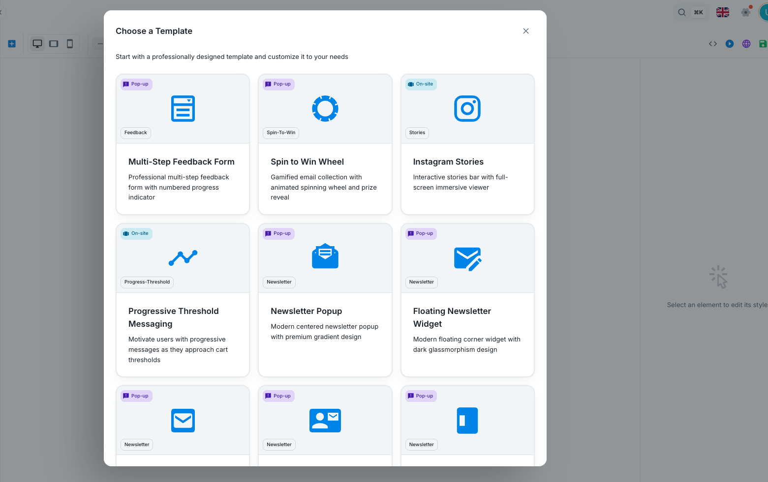Choose a Template window showing available Web Template cards
