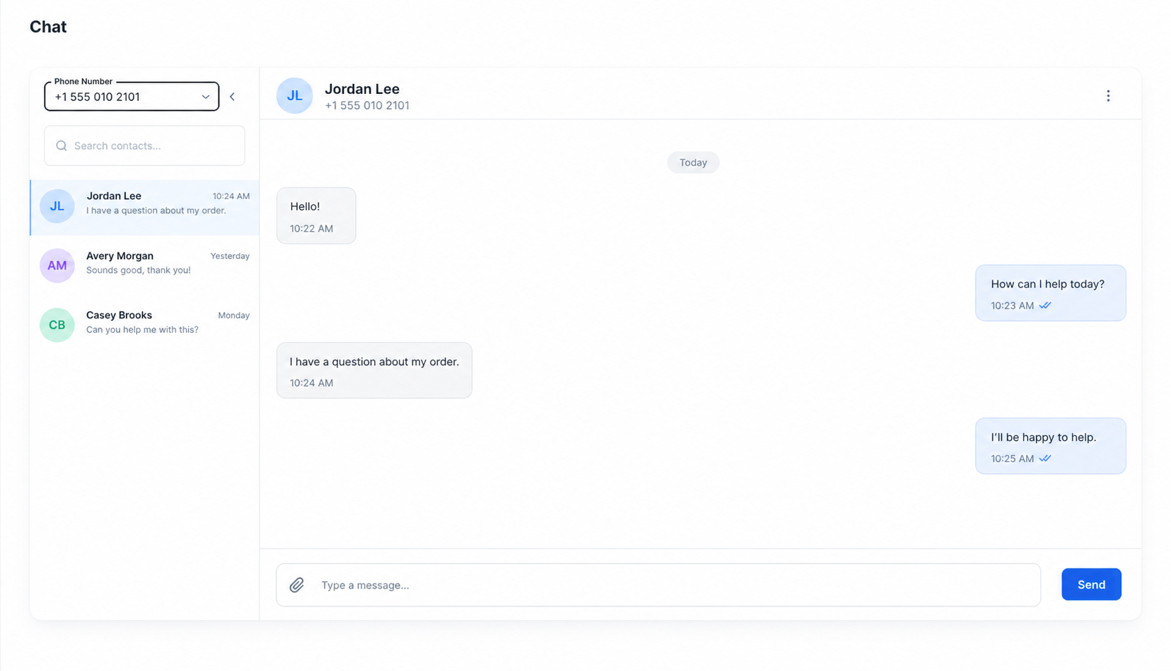Chat workspace with fictional contacts and a sample conversation
