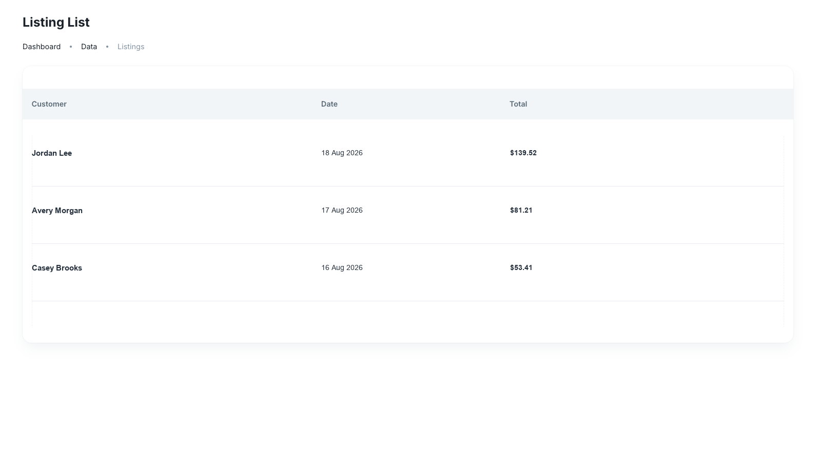 Listing List with fictional listing records