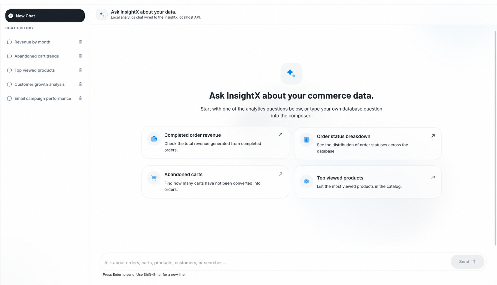Algo AI workspace with fictional analytics conversation history and suggested questions