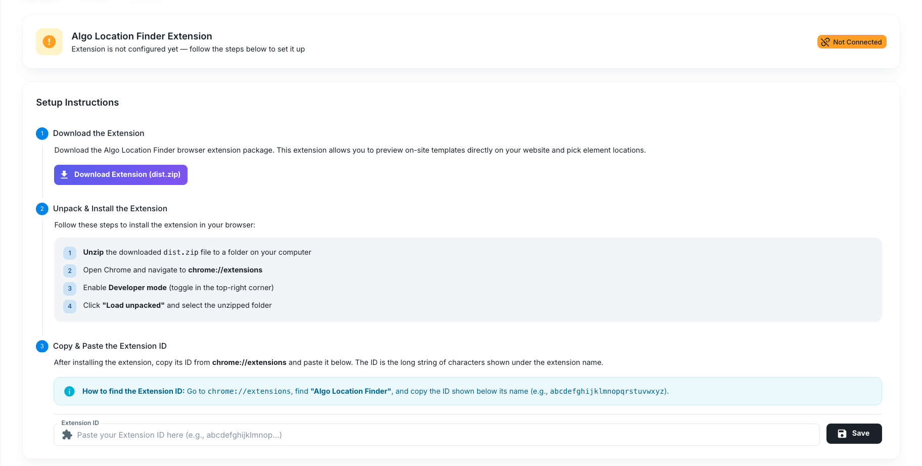 Algo Location Finder extension settings before connection