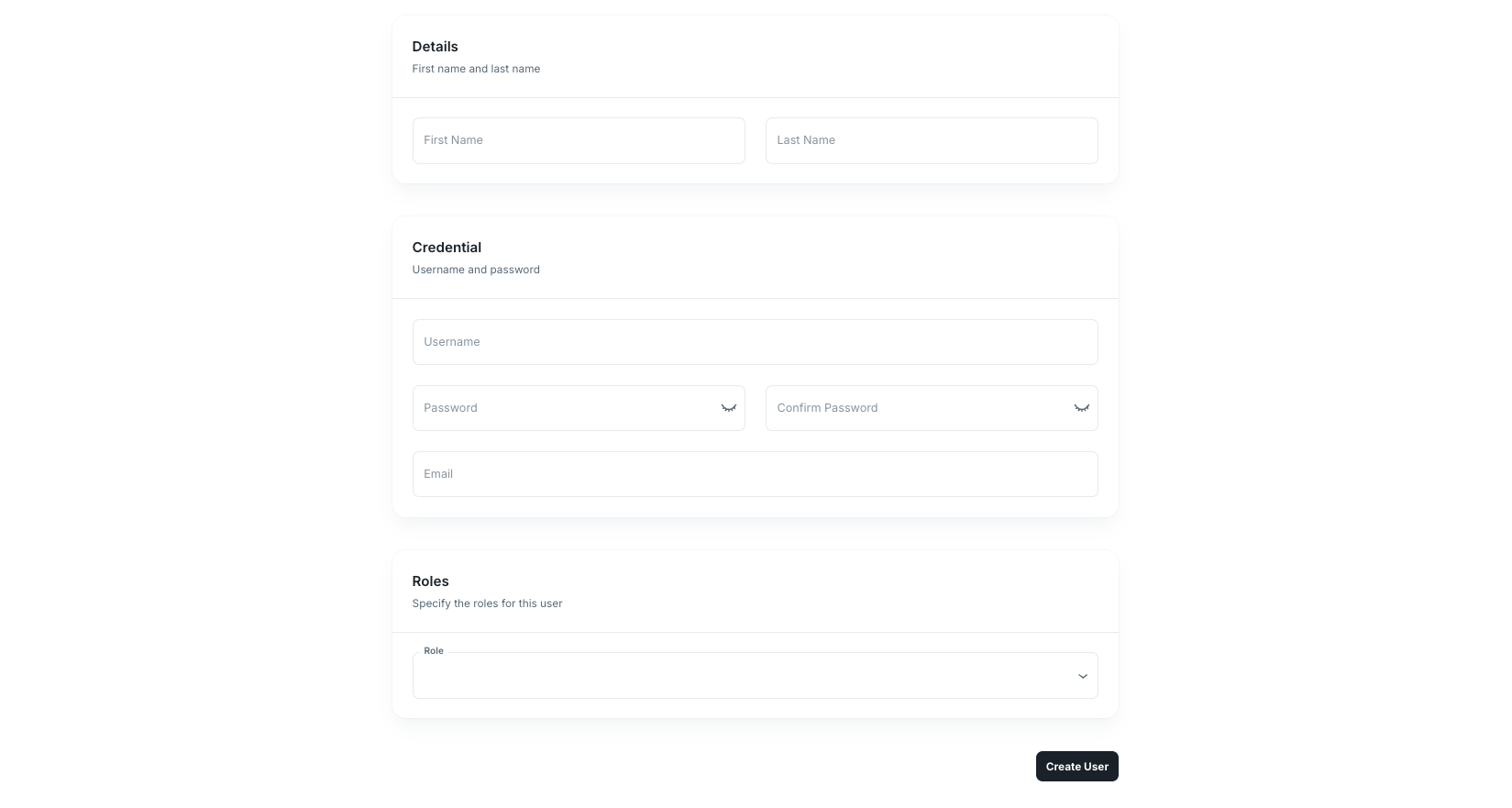 Create User form with details, credentials, and role fields
