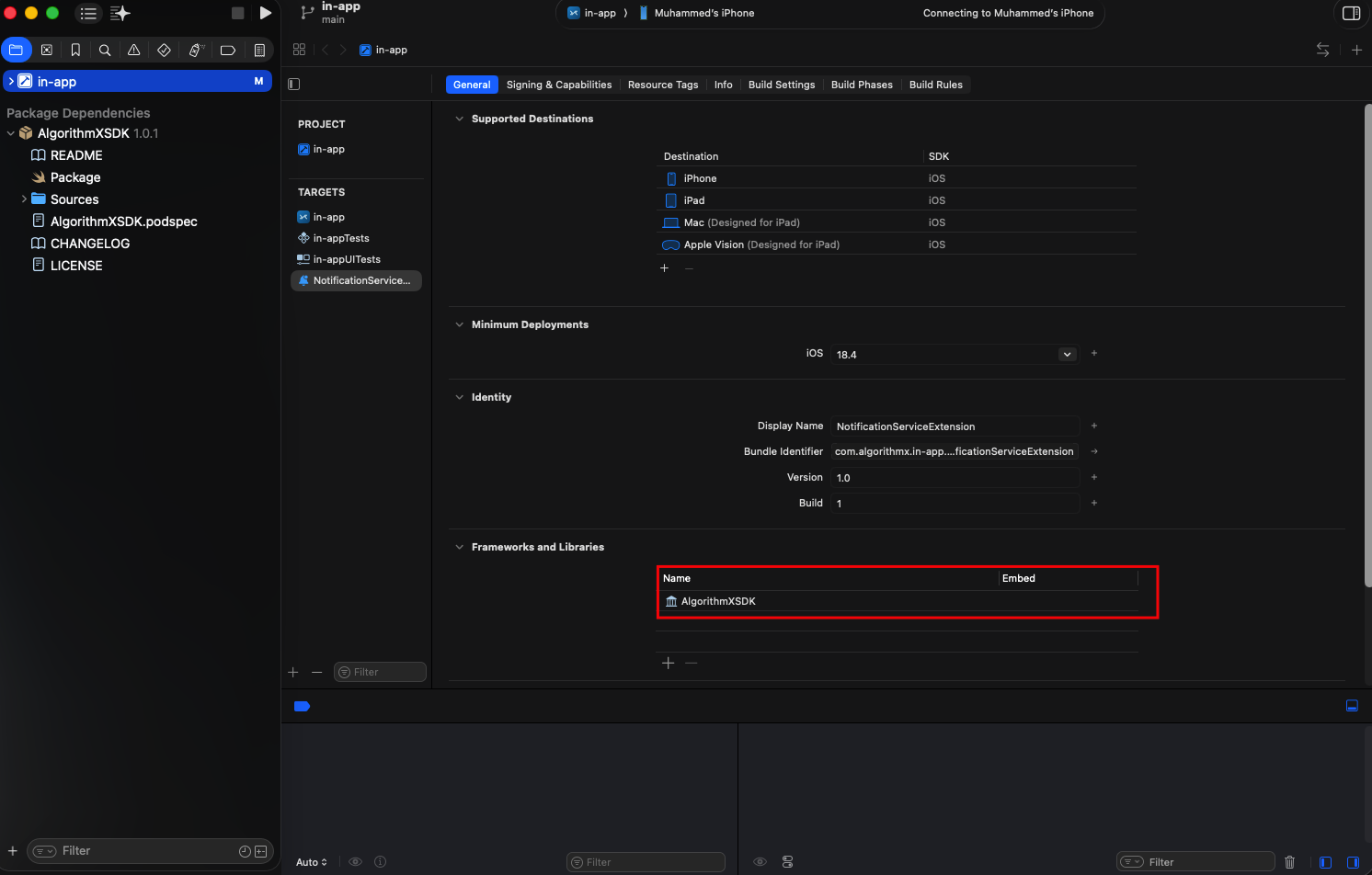 Xcode showing the separate Notification Service Extension target and its Frameworks and Libraries section